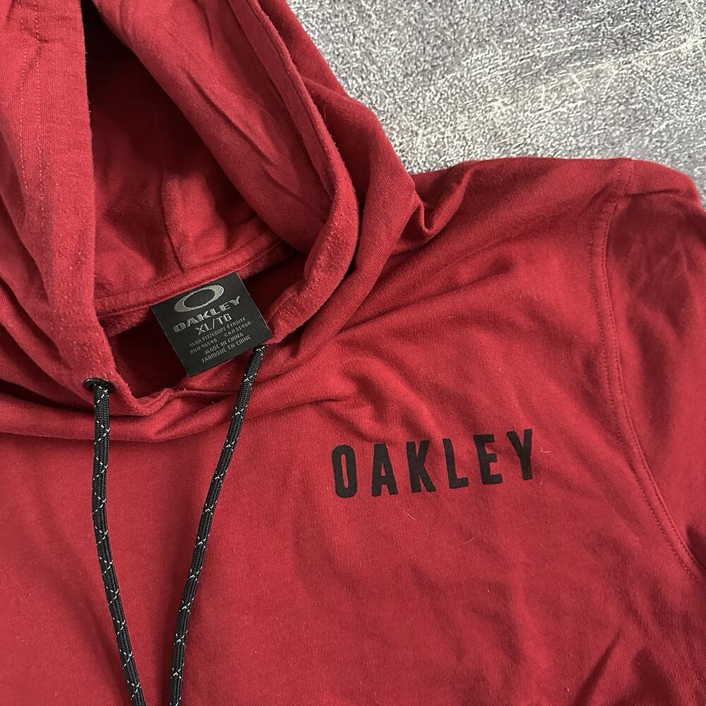 Men's Oakley Red Black Spell Out Logo Hoodie T Shirt Pullover Sweatshirt Sz XL